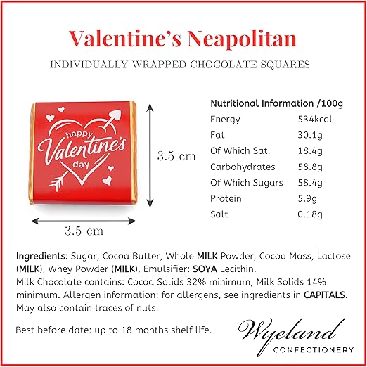 Wyeland Confectionery Happy Valentine's Day Milk Chocolate Neapolitans - Red Heart - 25 Chocolates