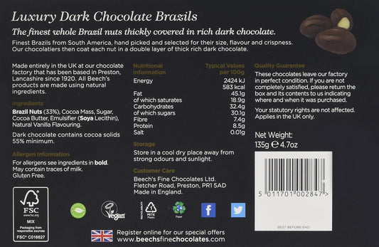 Beech's Fine Chocolate Dark Chocolate Brazils, 145 g - Chocolate Gifts Heaven
