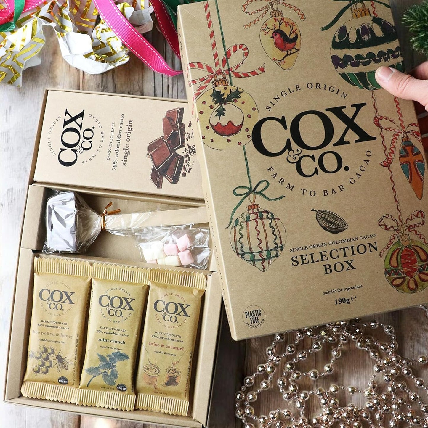 Cox&Co. Christmas Chocolates Gift Set - Luxury Dark Chocolate Selection Box with 4 x Dark Bars + 1 x Hot Chocolate Spoon - Hamper