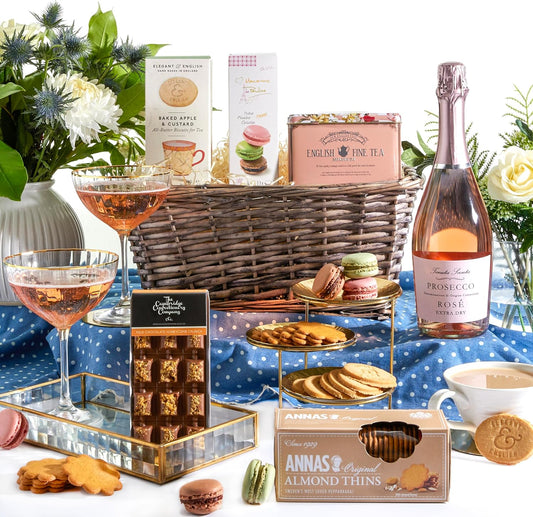 Celebration Prosecco Gift Hamper - Elegant Biscuits, English Tea, Macarons & Artisan Chocolates - Gourmet Food Hamper for any occasion and a Food Gift everyone Will Love
