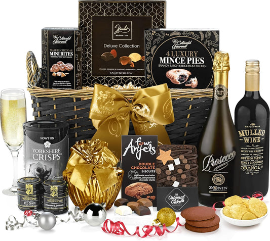 Fireside Gift Hamper with Prosecco & Mulled Wine - Luxury Christmas Hamper with Cheddar Bites, Chocolate Truffles - Gourmet Xmas Hampers for all