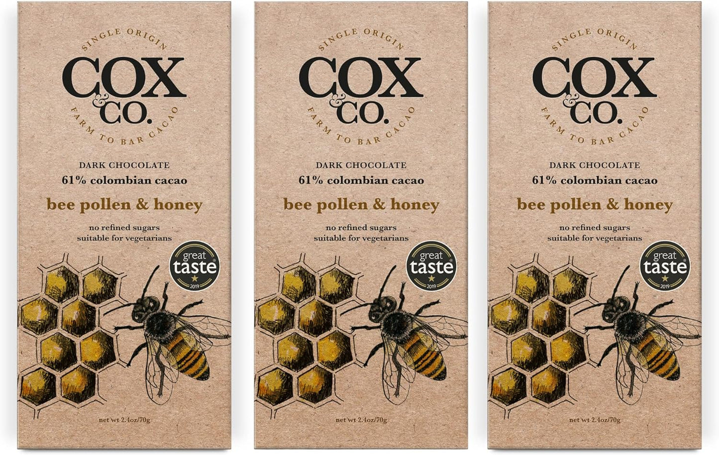 Cox&Co. Bee Pollen and Honey Dark Chocolate Bar - 3 x 70g Large Bars - Chocolate Gifts Heaven
