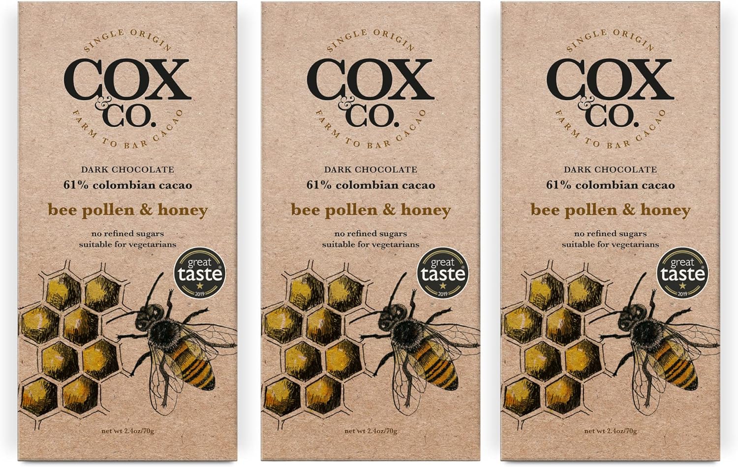 Cox&Co. Bee Pollen and Honey Dark Chocolate Bar - 3 x 70g Large Bars - Chocolate Gifts Heaven