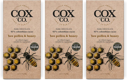 Cox&Co. Bee Pollen and Honey Dark Chocolate Bar - 3 x 70g Large Bars - Chocolate Gifts Heaven
