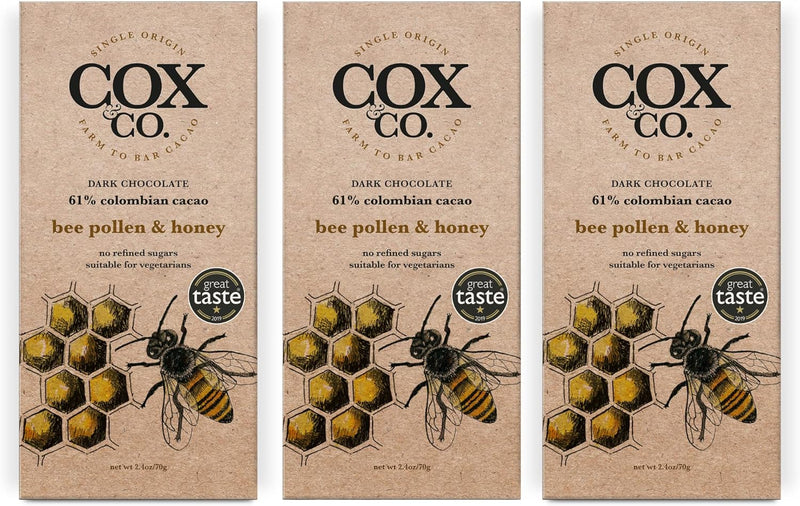 Cox&Co. Bee Pollen and Honey Dark Chocolate Bar - 3 x 70g Large Bars