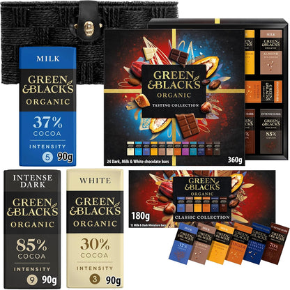 Green & Black's Chocolate Lovers Hamper Basket Gift - Any occasion gift Includes G&B Tasting Collection, Classic Collection, Milk, White and Dark 85% bars
