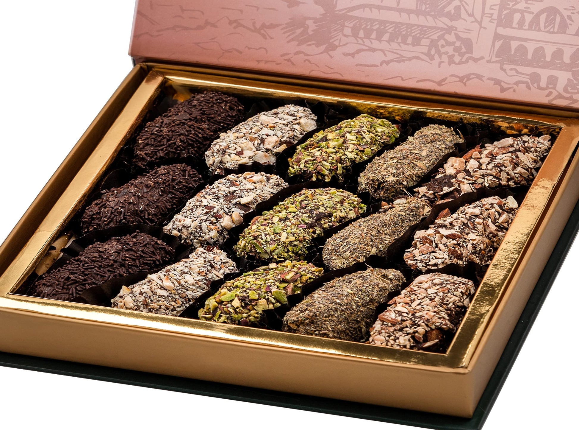 Chateau de Mediterranean Medjool Dates Filled with Almonds & Coated in Dark Chocolate & Nuts - 500g | Luxurious Treat Dessert | Made with Premium Chocolate & Fresh Dates | Beautiful Gift Packaging - Chocolate Gifts Heaven