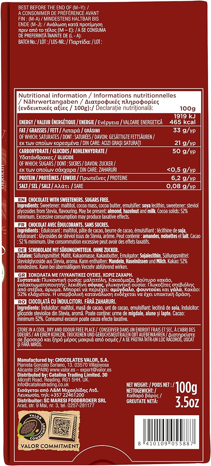 Valor Keto Low Carb Large Chocolate Bar 0% Sugar Added - Chocolate Gifts Heaven