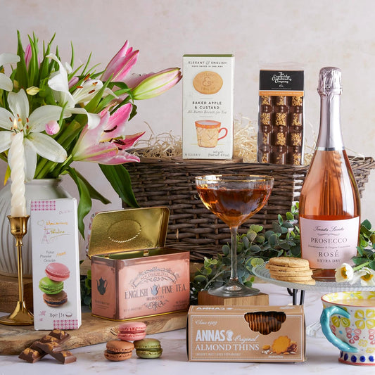 Celebration Prosecco Gift Hamper - Elegant Biscuits, English Tea, Macarons & Artisan Chocolates - Gourmet Food Hamper for any occasion and a Food Gift everyone Will Love