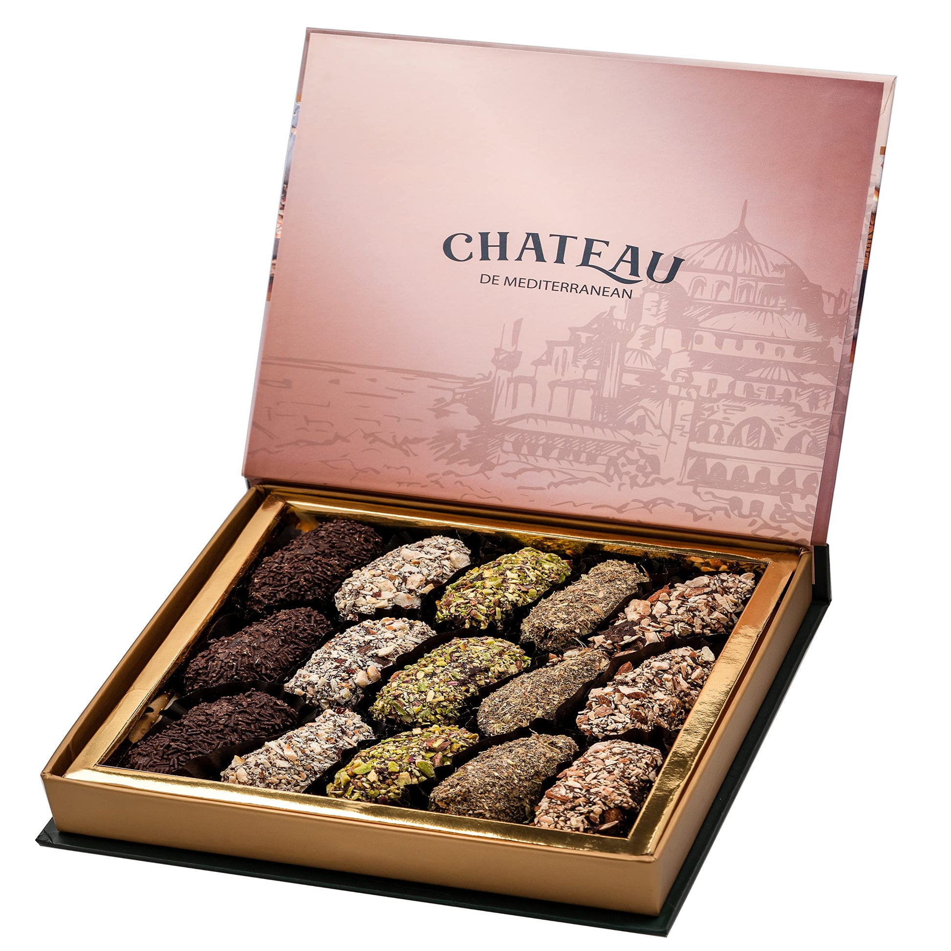 Chateau de Mediterranean Medjool Dates Filled with Almonds & Coated in Dark Chocolate & Nuts - 500g | Luxurious Treat Dessert | Made with Premium Chocolate & Fresh Dates | Beautiful Gift Packaging - Chocolate Gifts Heaven