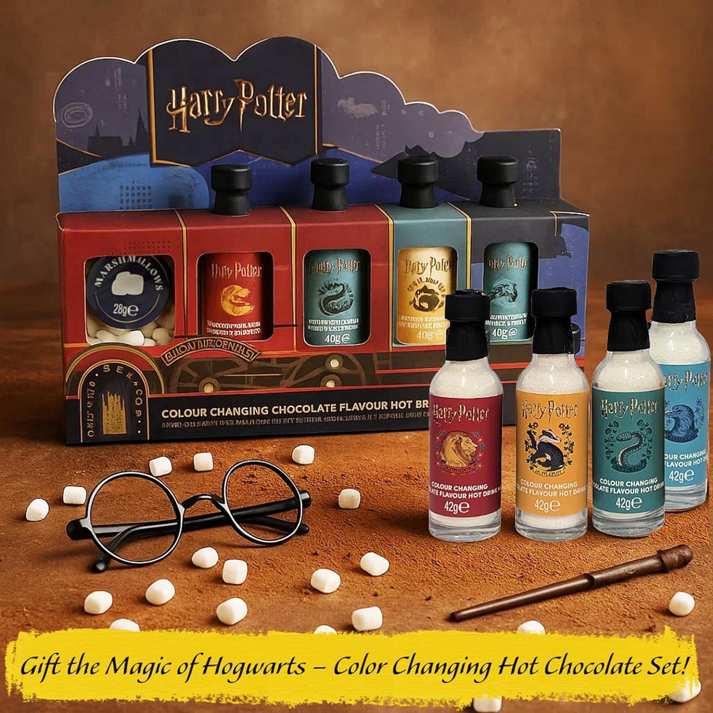 Harry Potter Hot Chocolate Gift Set - Hogwarts Express Coco Train of 4 x 42g Colour Changing Choxcolate Drinks with Marshmallows. Harry Potter Gifts for Stocking Fillers, Christmas Gifts for Kids