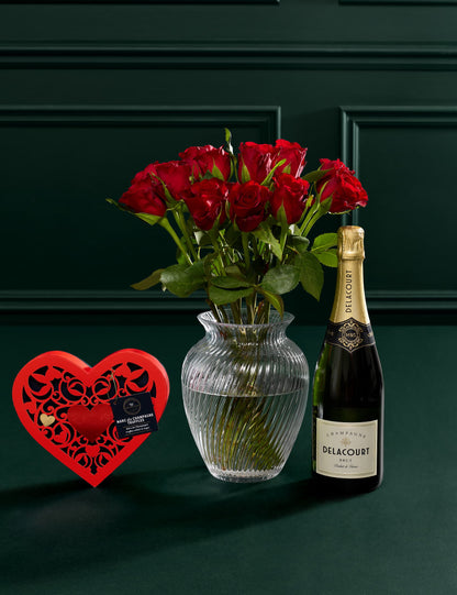 Dozen Red Rose Bouquet, Delacourt Brut Champagne & Chocolate Bundle (The Truffle Collection (Marc de Champagne))