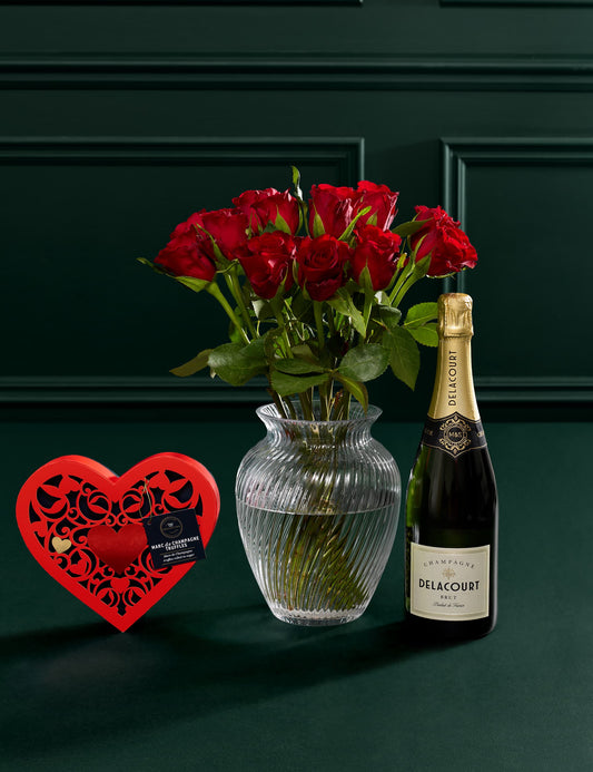 Dozen Red Rose Bouquet, Delacourt Brut Champagne & Chocolate Bundle (The Truffle Collection (Marc de Champagne))