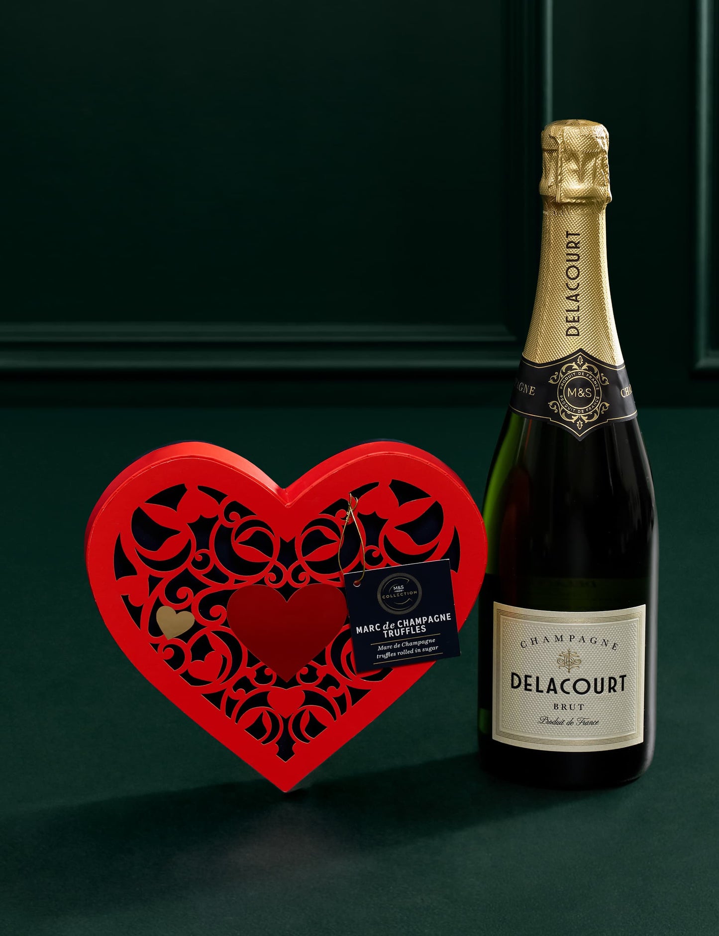 Dozen Red Rose Bouquet, Delacourt Brut Champagne & Chocolate Bundle (The Truffle Collection (Marc de Champagne))