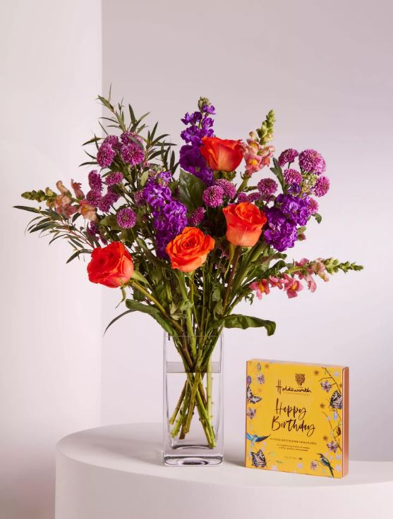 Brights & Beautiful Mixed Hand Tied Bouquet & Birthday Chocolates