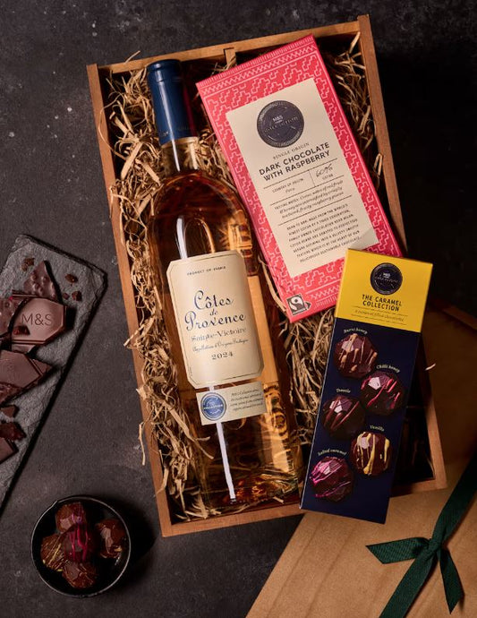 The Prestige Rosé & Chocolate Gift Box - Fine Côtes‑de‑Provence Rosé & Gourmet Chocolate Selection -Luxury Wine & Sophisticated Chocolate Pairing with Dark Chocolate & Raspberry