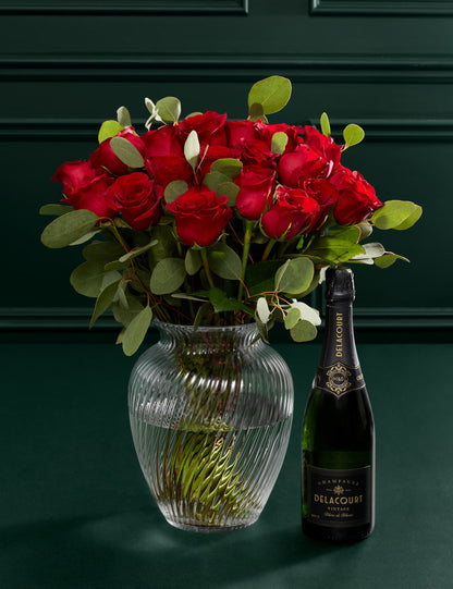 Red Freedom® Rose & Eucalyptus Bouquet with Vintage Champagne