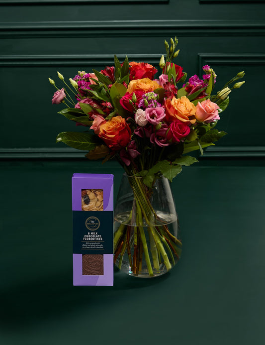 Roses, Lisianthus & Antirrhinum Bright Bouquet with Chocolate Florentines - Chocolate Gifts Heaven