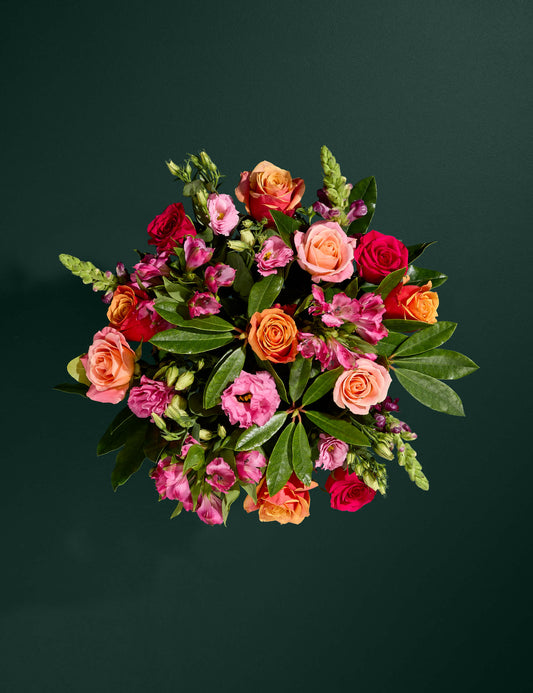 Roses, Lisianthus & Antirrhinum Bright Bouquet with Chocolate Florentines - Chocolate Gifts Heaven