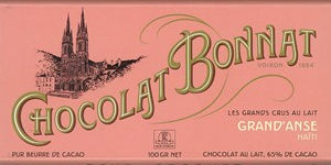 Pink chocolate bar packaging with Bonnat branding and castle illustration