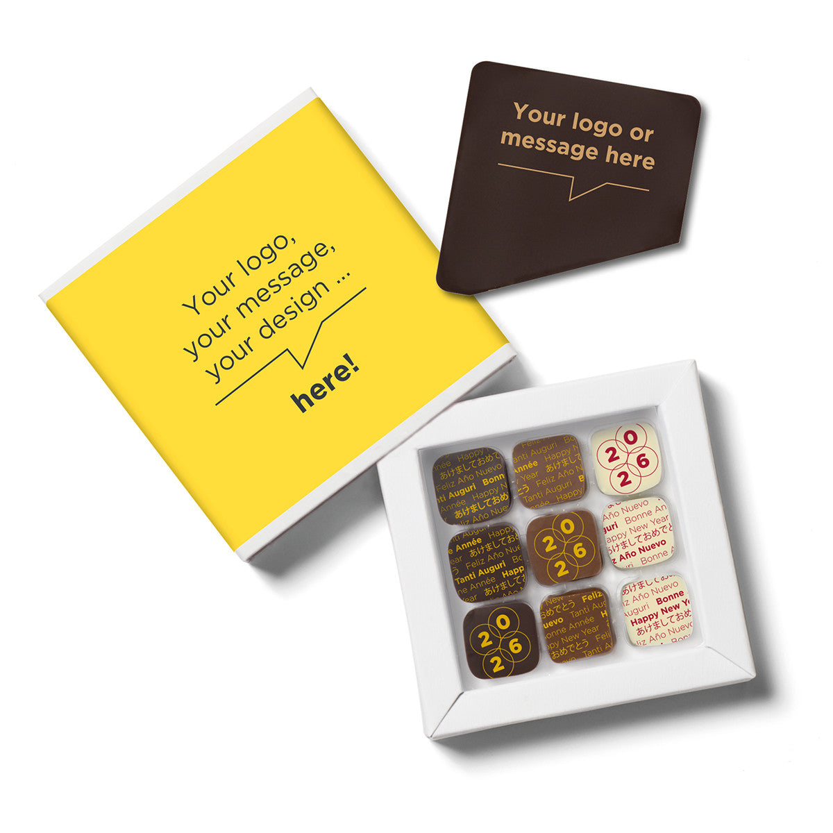 Customizable chocolate corporate gifts New Year chocolates, delivered with a personalized chocolate message card in a personalized box.