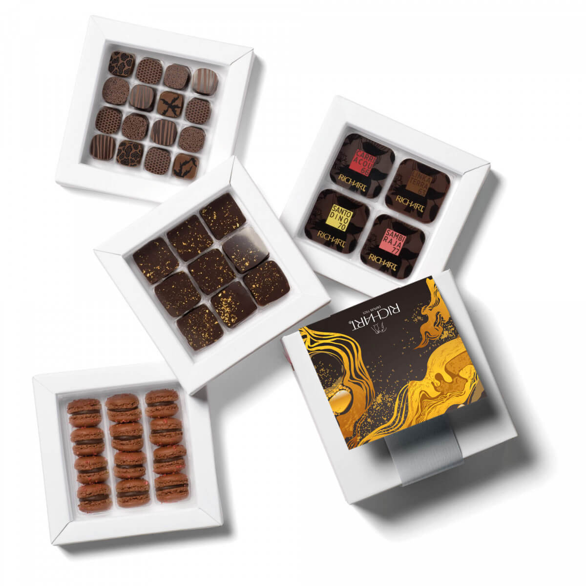 Gift Box 53 pieces for Dark chocolate Lovers only. Filled chocolates, dark chocolate squares and Mini chocolate French Macarons.
