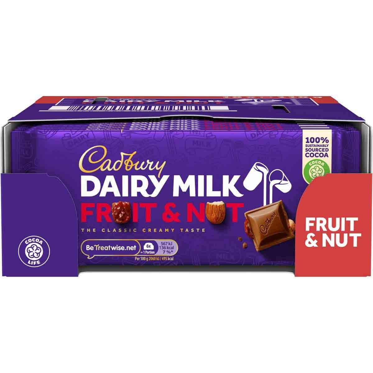 Dairy Milk Fruit & Nut Chocolate Bar 110g (Box of 18) - Chocolate Gifts Heaven