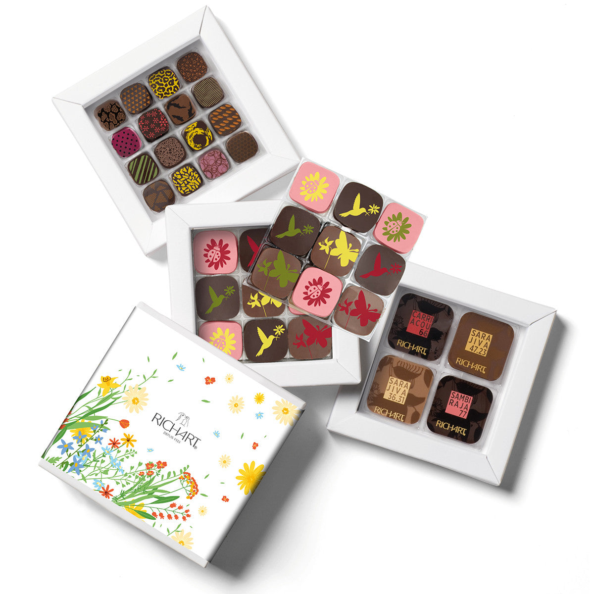 Springtime box, 50 chocolates. High-end gourmet chocolates presented in an elegant ballotin.
