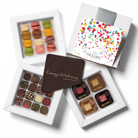 Gourmet Gift Box Congratulations 32 Chocolates + 12 Mini French Macaron + 1 chocolate card "congratulations". La Maison Richart since 1925.