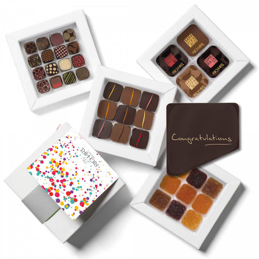 Congratulations XL Gourmet Gift Box 50 pc. Assortment of filled chocolates, dark chocolate squares, french pate de fruits + 1 chocolate card