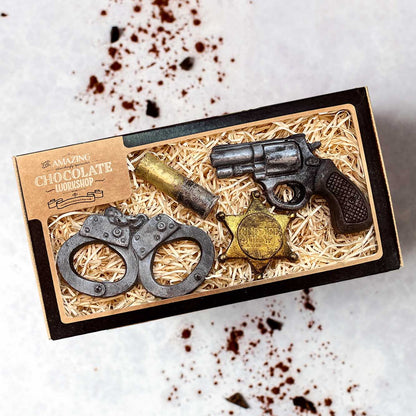 Cowboy Set – Gun, Handcuff, Shotgun Cartridge & Sheriffs Badge Chocolate Gift Box