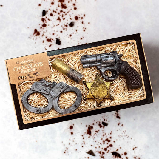 Cowboy Set – Gun, Handcuff, Shotgun Cartridge & Sheriffs Badge Chocolate Gift Box