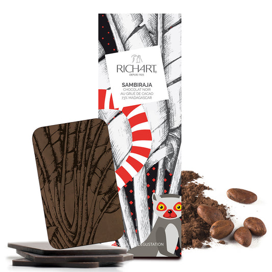 Tasting dark chocolate bar. A luxury product in a refined box.