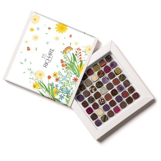 Springtime box, 49 chocolates. High-end gourmet chocolates presented in an elegant ballotin.