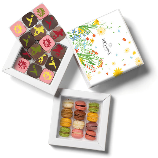 Springtime box, 18 chocolates and 12 macarons. High-end gourmet products presented in an elegant ballotin.