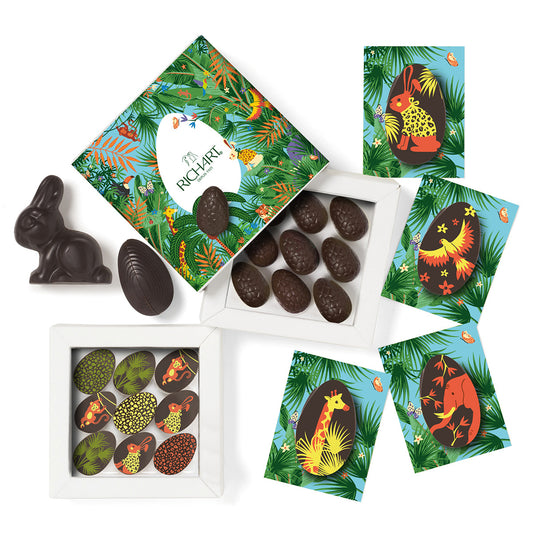 Easter basket, 9 half-eggs, 10 filled eggs, 4 morsels and 1 filled rabbit. Gourmet treats for lovers of dark chocolate.