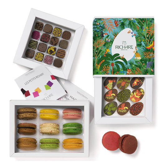 Easter basket, 9 half-eggs, 16 filled chocolates and 9 macarons. Gourmet products in a refined ballotin.
