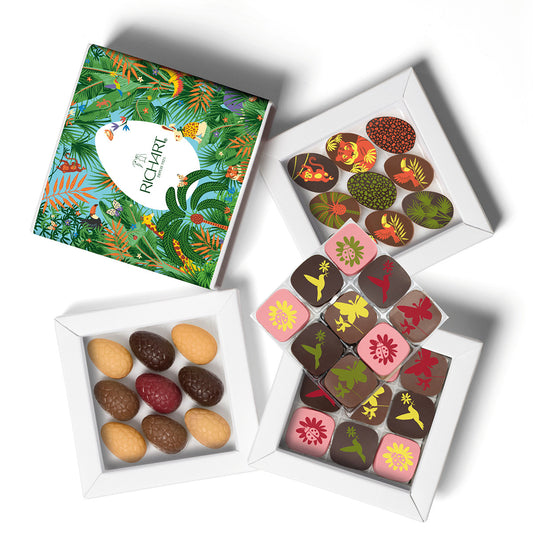 Easter gift box, 18 chocolates, 9 half-eggs and 9 filled Easter eggs. High-end gourmet products presented in an elegant gift box.