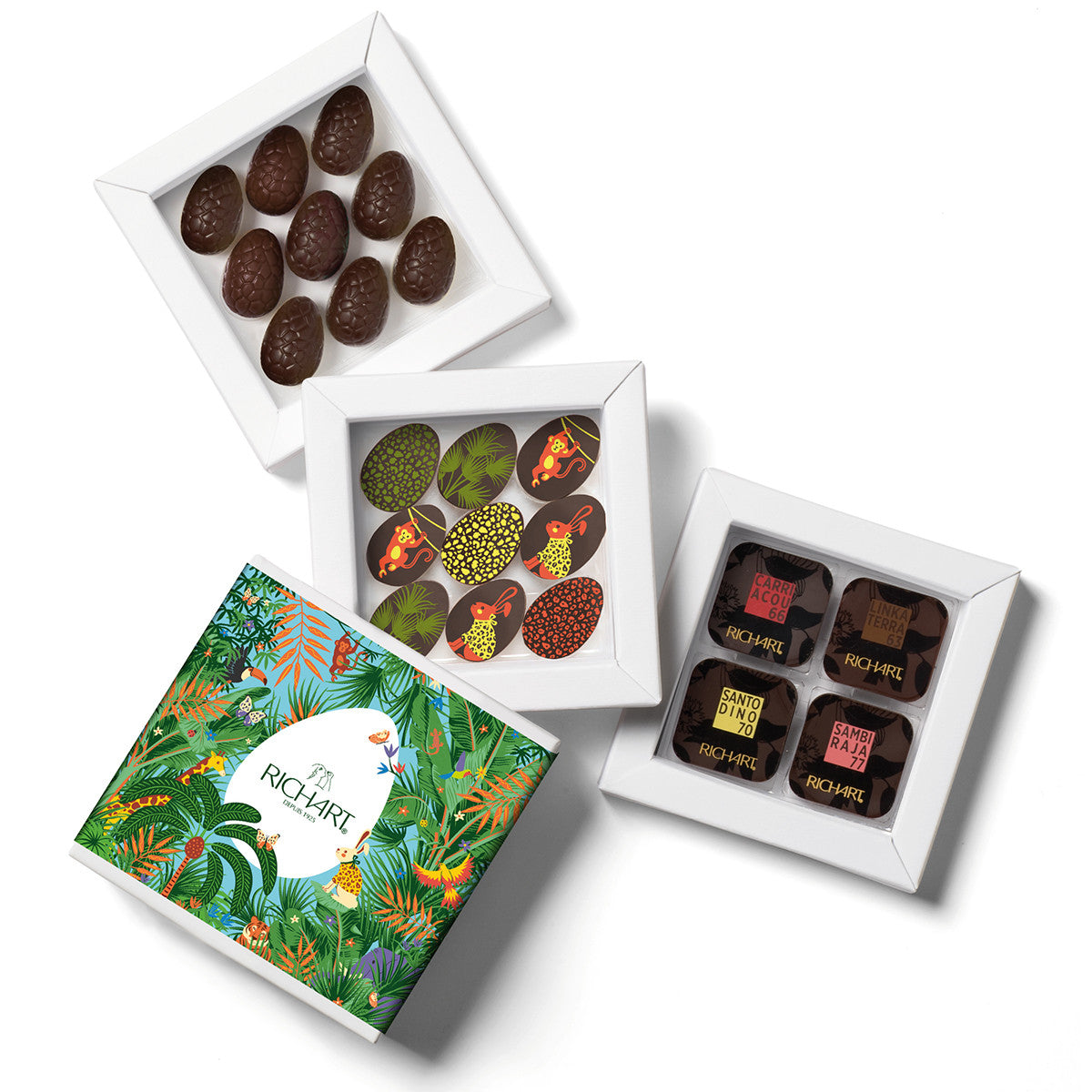 Easter box, 9 half-eggs, 9 filled eggs, 16 thin squares. Gourmet treats for lovers of dark chocolate.