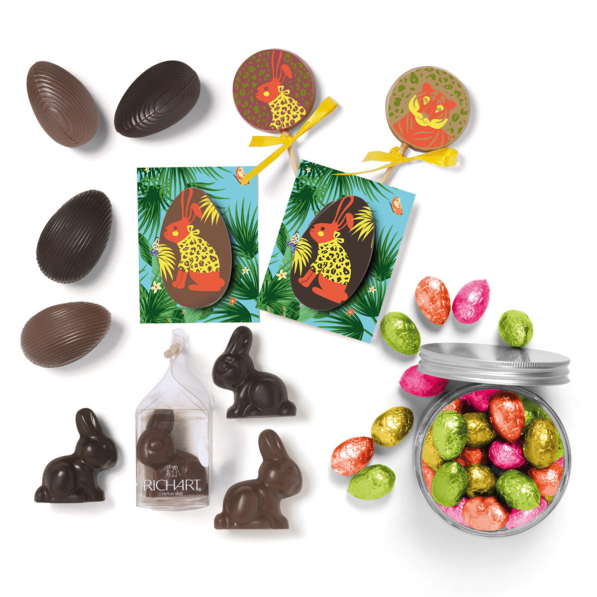 Easter basket, 2 morsels, 2 lollipops, 4 rabbits, 4 filled eggs, 1 jar of eggs for hiding . The perfect chocolates for an incredible Easter hunt.