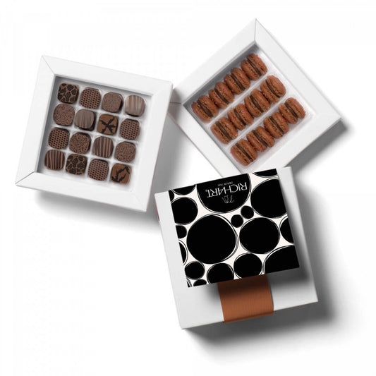 Gift Box for Dark Chocolates Lovers 28 pc. Filled Gourmet Chocolates and Mini French Macarons chocolates.