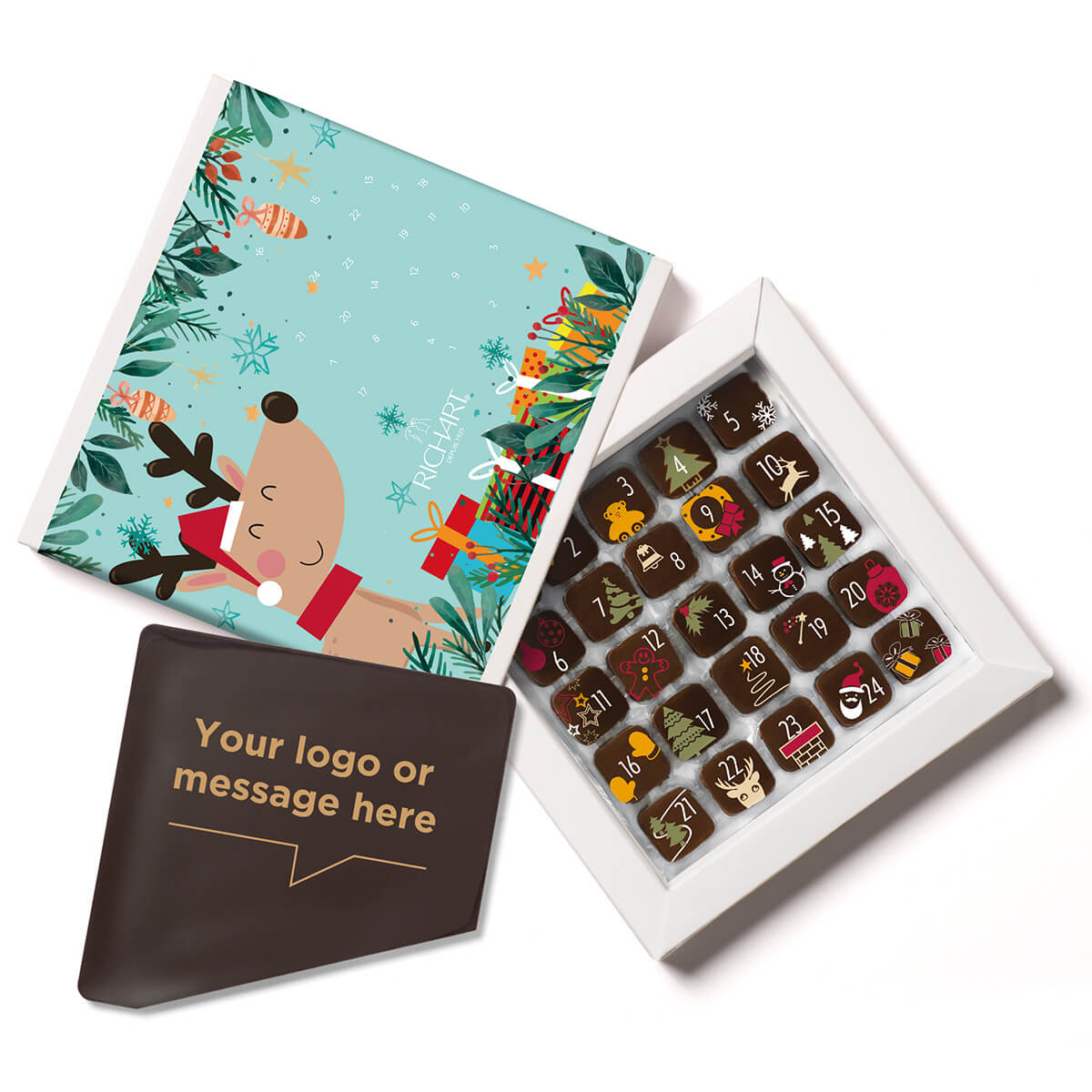 Customizable chocolate corporate gifts Advent Box delivered with a personalized chocolate message card