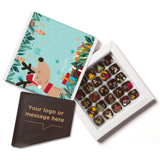 Customizable chocolate corporate gifts Advent Box delivered with a personalized chocolate message card