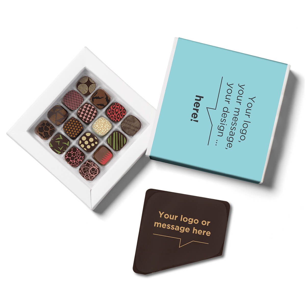 Customizable chocolate corporate gifts Gourmet chocolates, delivered with a personalized chocolate message card in a personalized box