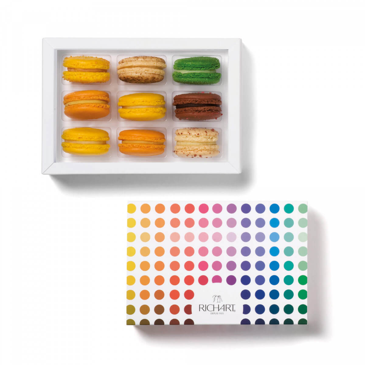 Box of 9 Exotic Macarons. Coconut, Lemon, Mint, Mango, Orange, Chocolate, Vanilla. French Pastries.