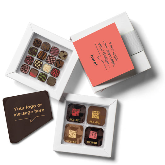 Customizable chocolate corporate gifts Gourmet filled and solid chocolates, delivered with a personalized chocolate message card in a custom box.