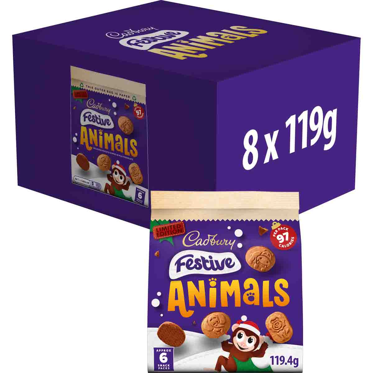 Cadbury Festive Animals Chocolate Biscuits 119g (Box of 8)