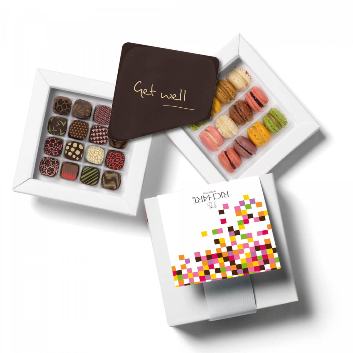 Get Well Gift box 28 pieces 16 filled chocolates + 12 French Mini Macarons + a chocolate card "get well". French Chocolatier since 1925.