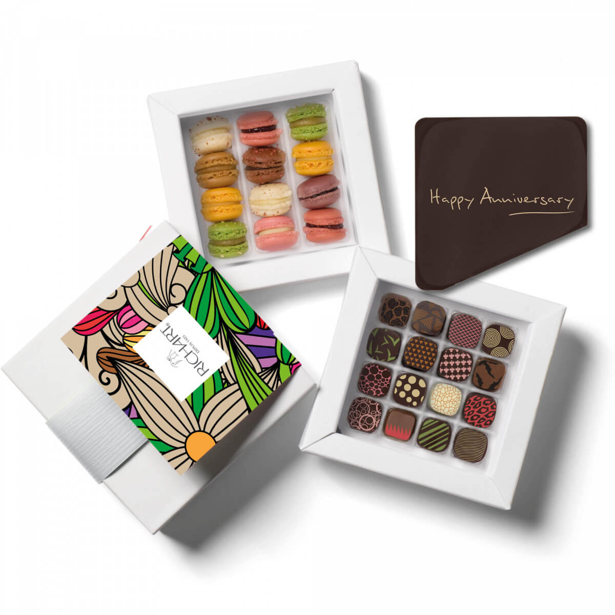 Happy Anniversary Box Chocolates & Macarons 16 filled Chocolates + 12 mini French Macarons + 1 Chocolate card "happy anniversary". Unique Gift.
