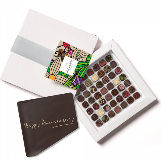 Happy Anniversary Gift Box 49 chocolates + 1 Chocolate Card "happy anniversary". Creation of the French Chocolatier RICHART.